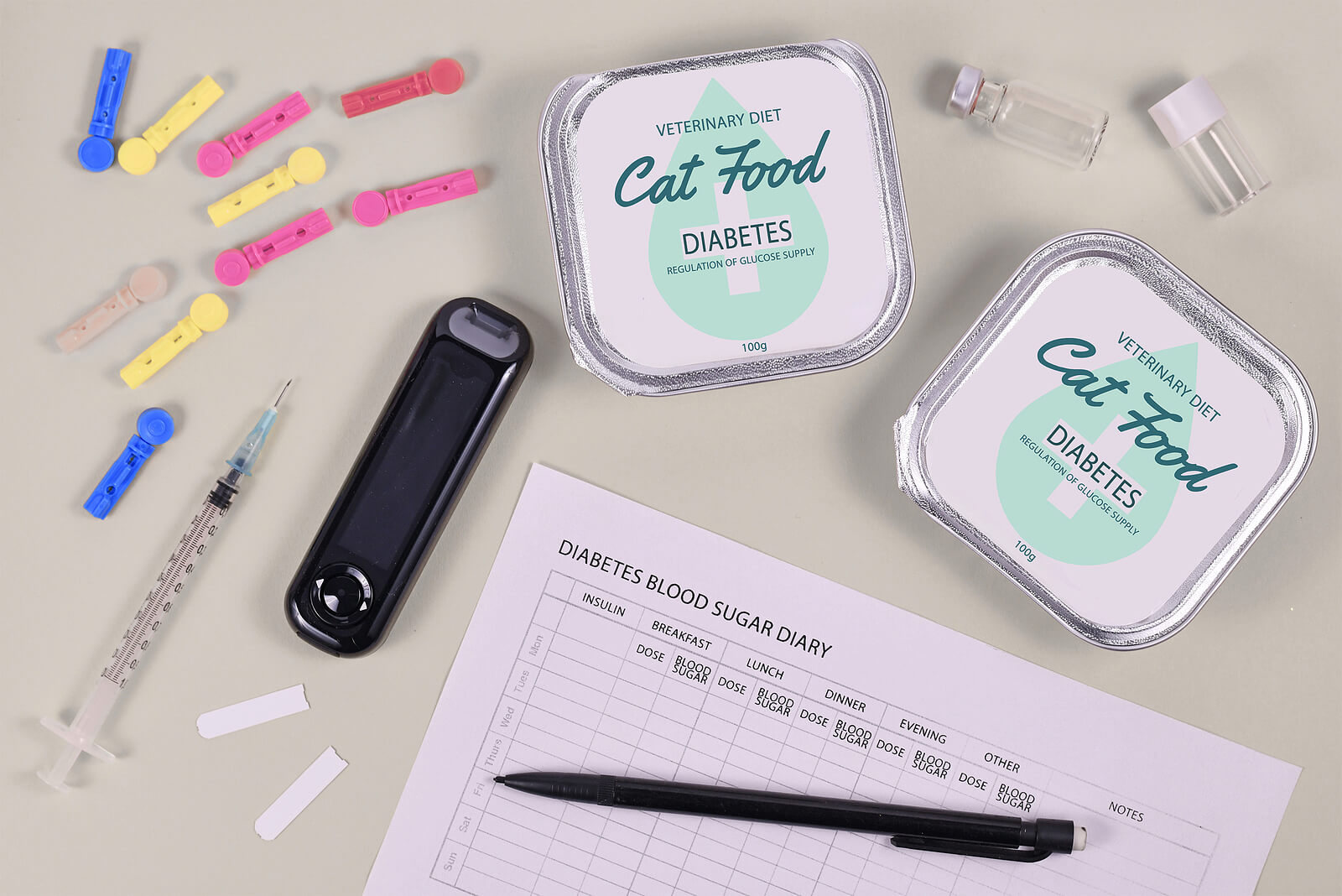 diabetic cat journal, lances, insulin and syringe